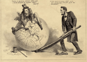 Cartoon print shows Vice President Andrew Johnson sitting atop a globe, attempting to stitch together the map of the United States with needle and thread. Abraham Lincoln stands, right, using a split rail to position the globe. Johnson warns, "Take it quietly Uncle Abe and I will draw it closwer than ever." While Lincoln commends him, "A few more stitches Andy and the good old Union will be mended."