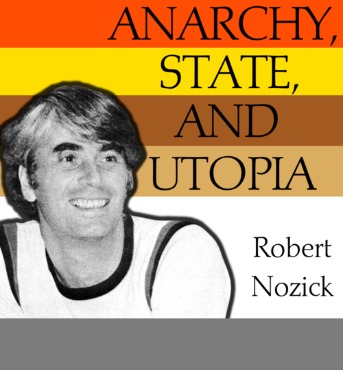 A photograph of a smiling Robert Nozick superimposed over the cover of Anarchy, State, and Utopia (modified so that the stripes extend behind Nozick's head).