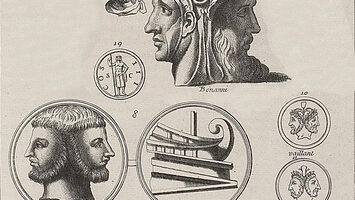 The Roman god Janus, depicted with two faces, in various sketches and forms.