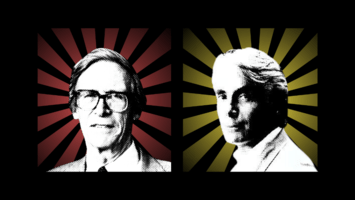 Black-and-white photographic portraits of John Rawls (left) and Robert Nozick (right) set in front of colored sunburst designs (red and yellow, respectively).