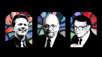 Black-and-white photographic portraits of (from left to right) David Schmidtz, Joel Feinberg, and John Hospers.