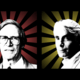 Black-and-white photographic portraits of John Rawls (left) and Robert Nozick (right) set in front of colored sunburst designs (red and yellow, respectively).