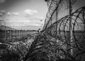 Black and white photograph with barbed wire on a chainlink fence outside of a prison.