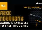 A black microphone with an orange cord is next to text that reads "Free Thoughts, Aaron's Farewell to Free Thoughts" and the Free Thoughts podcast loog.