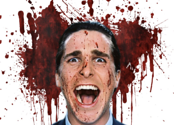 Pop & Locke Podcast - Actor Christian Bale's face is centered in the middle of the photo. He's screaming, mouth open. Spattered blood covers his face and the white wall behind him. 