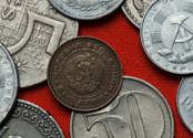 Coins from Bulgaria are shown against a red background. 