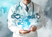A person in a doctor's coat holds a phone in front of their body. Various medical icons are shown floating above the phone.