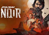 The cast of Andor is superimposed over a setting sun and an old Imperial cruiser, with the Star Wars logo in the foreground.