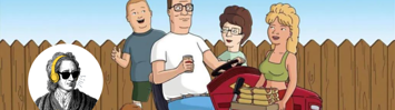 Hank Hill sits on a tractor, surrounded by his family Peggy, Bobby, and Luanne Platter. 