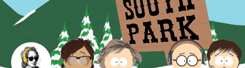 Cartoon characters of Landry Ayres, Kat Murti, Andrew Young, and Andrew Heaton are shown in front of a sign that says 'South Park' and a snowy mountain range.