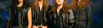 Kirk Hammett, James Hetfield, Lars Ulrich, and Cliff Burton stand in front of a stormy backdrop.