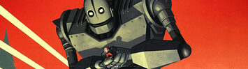 An illustration of The Iron Giant holding Hogarth in his hands and running away from airplanes firing upon them.