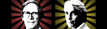 Black-and-white photographic portraits of John Rawls (left) and Robert Nozick (right) set in front of colored sunburst designs (red and yellow, respectively).