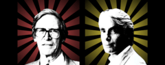 Black-and-white photographic portraits of John Rawls (left) and Robert Nozick (right) set in front of colored sunburst designs (red and yellow, respectively).